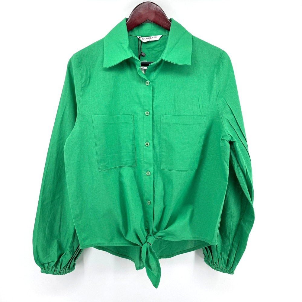 Commense Tie Front Shirt Women S Green Balloon Sleeve Button Up Top Coastal Chic